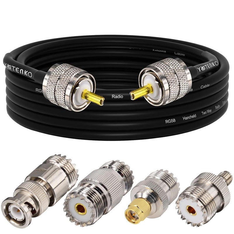 YOTENKO CB Coax Cable,RG58 Coaxial Cable 13Ft,UHF PL259 Male to Male Cable + UHF SO239 Female to SMA/UHF/BNC Adapter 4-Pack for CB Radio Antenna,Ham Radio,SWR Meter,HF Radio - Image 1